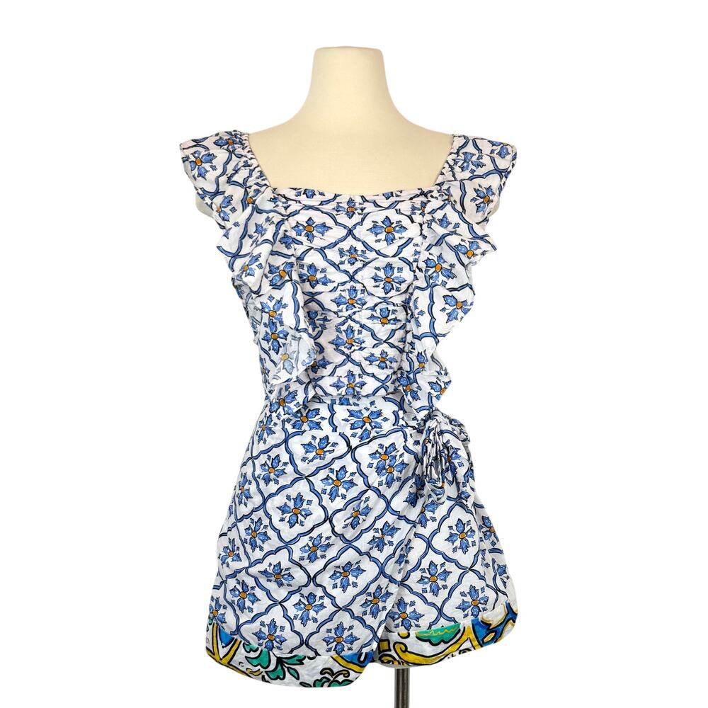 Ro's Garden Matching Set Cartagena Ruffled Skort Tile Print with Crop Top Blue L